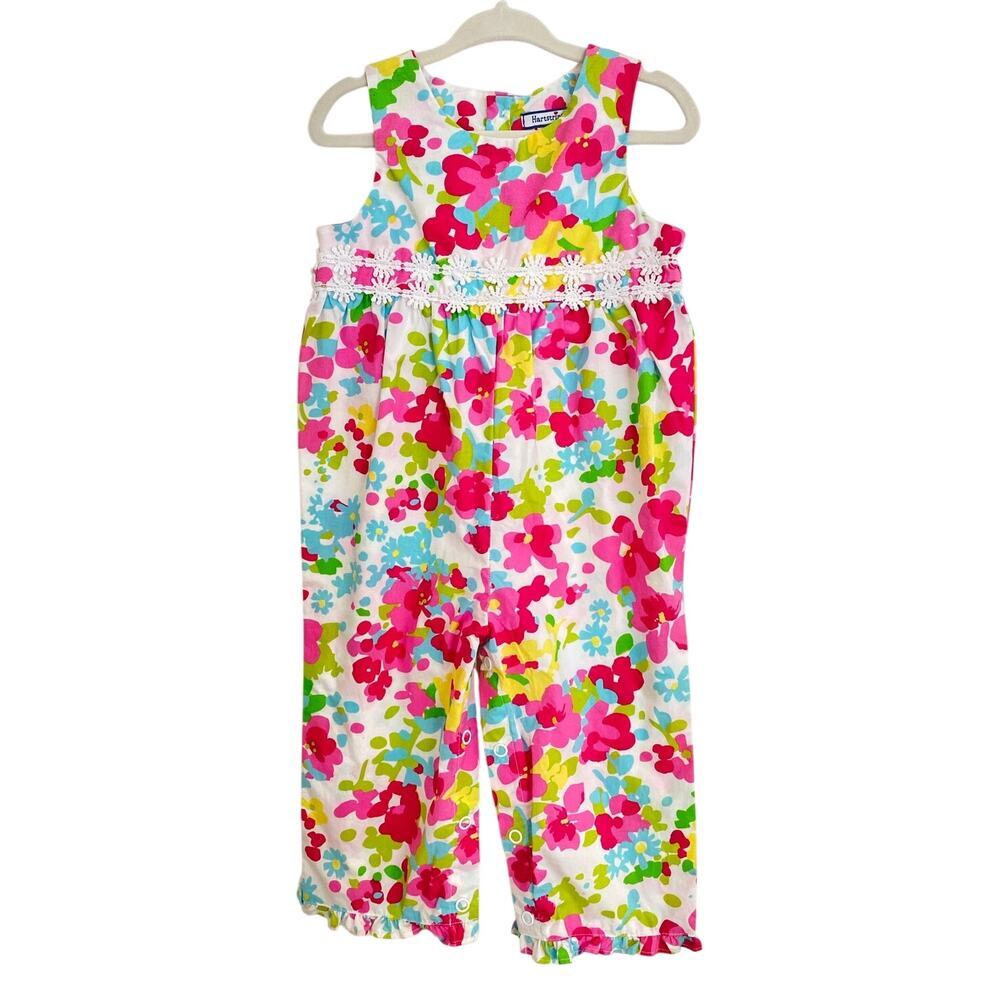 Hartstrings Baby Girls Overall Jumpsuit Romper Pink Multi Floral Ruffle 18m